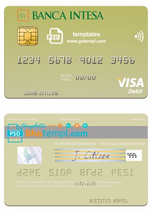 editable template, Poland Banca Intesa visa debit card, fully editable template in PSD format