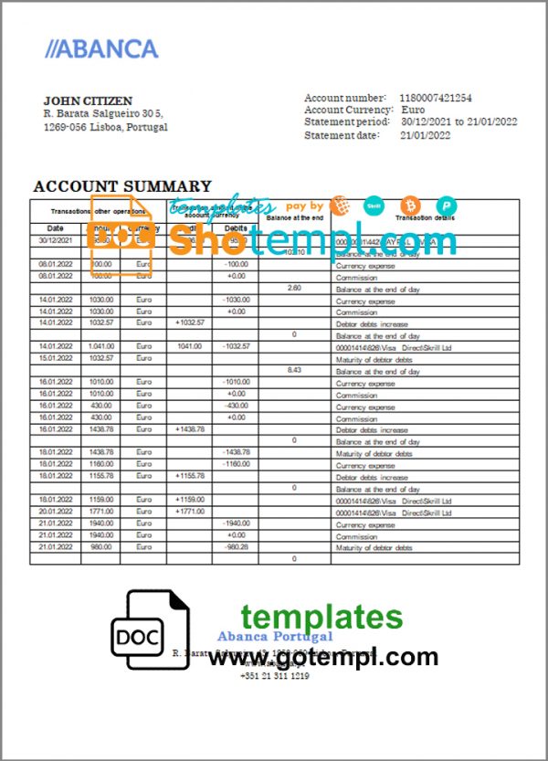 editable template, Portugal Abanca bank statement in Word and PDF format