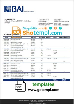 editable template, Portugal Banco BAI Europa bank statement in Word and PDF format