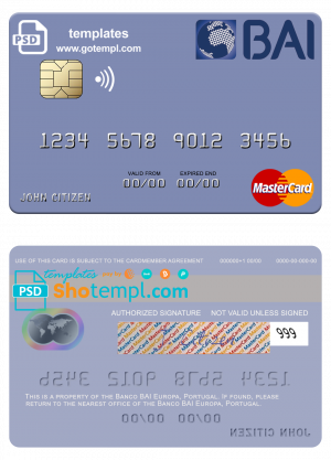 editable template, Portugal Banco BAI Europa mastercard, fully editable template in PSD format