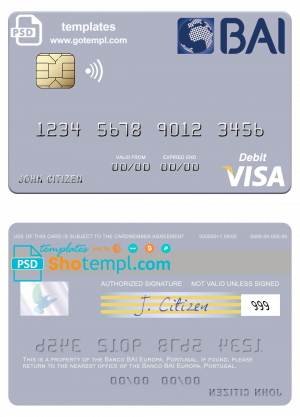 editable template, Portugal Banco BAI Europa visa debit card, fully editable template in PSD format