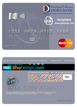 editable template, Qatar Doha Bank mastercard, fully editable template in PSD format