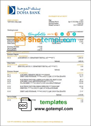 editable template, Qatar Doha Bank statement template in Word and PDF format