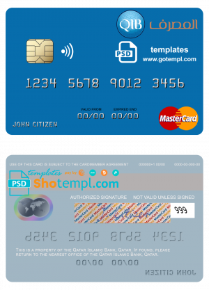 editable template, Qatar Islamic Bank mastercard, fully editable template in PSD format