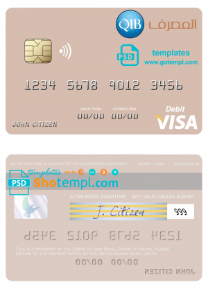 editable template, Qatar Islamic Bank visa debit card, fully editable template in PSD format