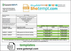 editable template, Romania Garanti BBVA bank proof of address statement template in Word and PDF format