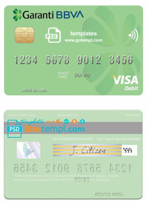 editable template, Romania Garanti BBVA visa debit card, fully editable template in PSD format