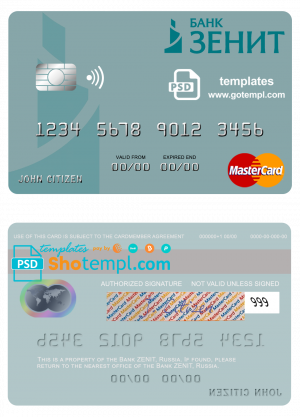 editable template, Russia Bank ZENIT mastercard, fully editable template in PSD format