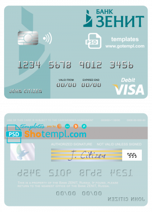 editable template, Russia Bank ZENIT visa debit card, fully editable template in PSD format