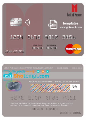 editable template, Russia Bank of Moscow mastercard, fully editable template in PSD format