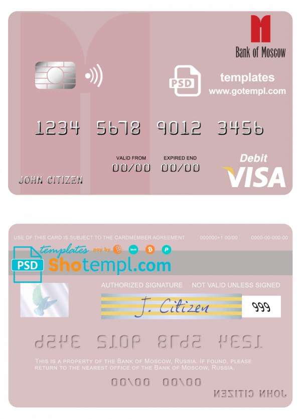 editable template, Russia Bank of Moscow visa debit card, fully editable template in PSD format