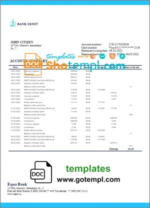 editable template, Russia Zenit Bank bank proof of address statement template in Word and PDF format