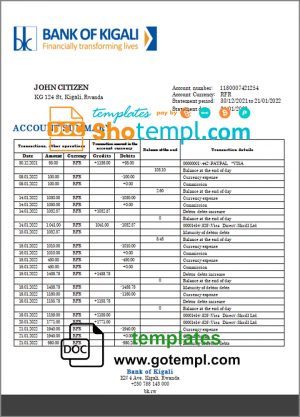 editable template, Rwanda Bank of Kigali bank proof of address statement template in Word and PDF format