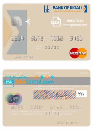 editable template, Rwanda Bank of Kigali mastercard credit card template in PSD format