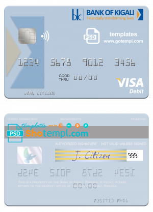 editable template, Rwanda Bank of Kigali visa debit card template in PSD format