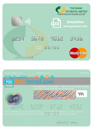 editable template, Saint Kitts and Nevis Bank of Nevis mastercard credit card template in PSD format