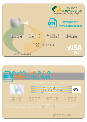 editable template, Saint Kitts and Nevis Bank of Nevis visa debit card template in PSD format