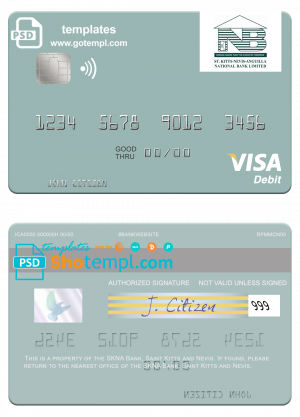 editable template, Saint Kitts and Nevis SKNA Bank visa debit card template in PSD format