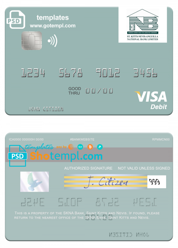 editable template, Saint Kitts and Nevis SKNA Bank visa debit card template in PSD format