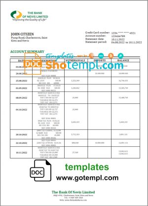 editable template, Saint Kitts and Nevis The Bank of Nevis bank proof of address statement template in Word and PDF format