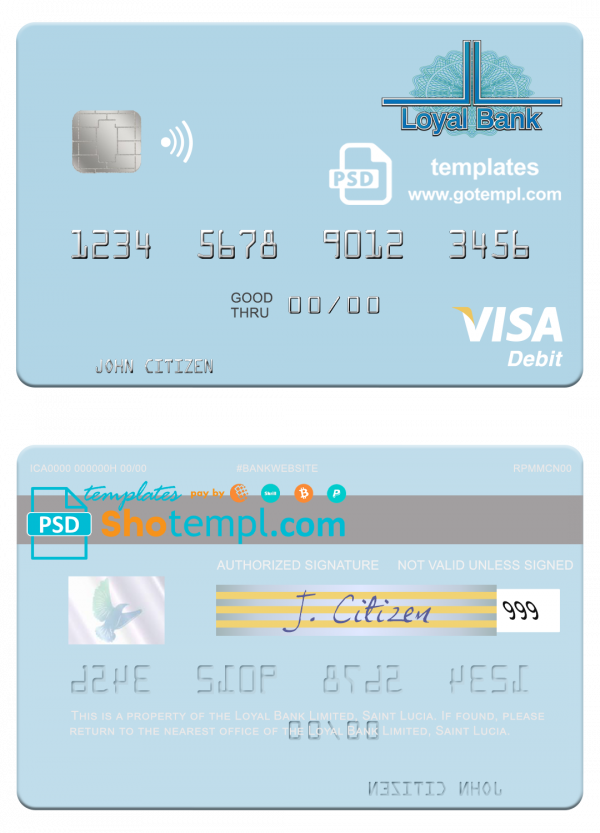 editable template, Saint Lucia Loyal Bank Limited visa debit card template in PSD format
