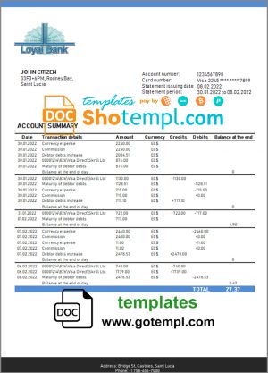editable template, Saint Lucia Loyal Bank bank proof of address statement template in Word and PDF format