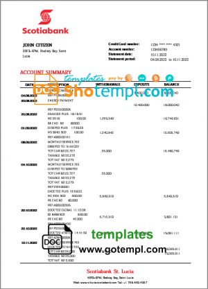 editable template, Saint Lucia Scotiabank bank proof of address statement template in Word and PDF format