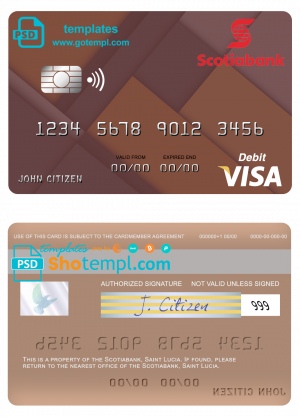 editable template, Saint Lucia Scotiabank visa debit credit card template in PSD format