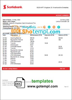 editable template, Saint Vincent and The Grenadines Scotiabank bank proof of address statement template in Word and PDF format