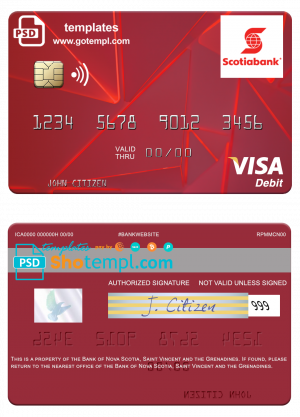 editable template, Saint Vincent and the Grenadines Bank of Nova Scotia visa debit card template in PSD format