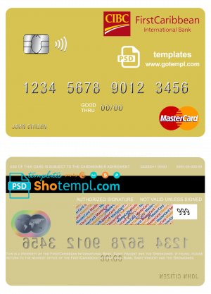 editable template, Saint Vincent and the Grenadines FirstCaribbean International Bank mastercard credit card template in PSD format