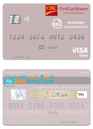 editable template, Saint Vincent and the Grenadines FirstCaribbean International Bank visa debit card template in PSD format