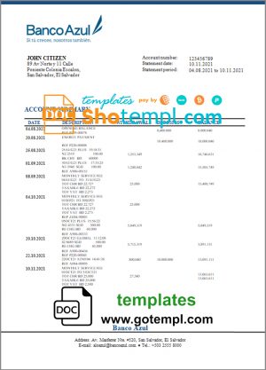 editable template, Salvador Banco Azul bank statement template in Word and PDF format