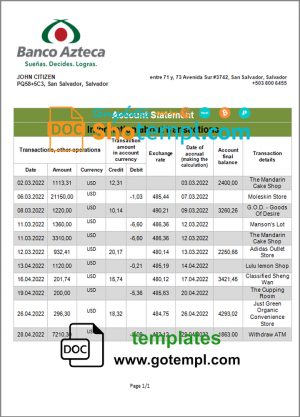 editable template, Salvador Banco Azteca bank statement template in Word and PDF format