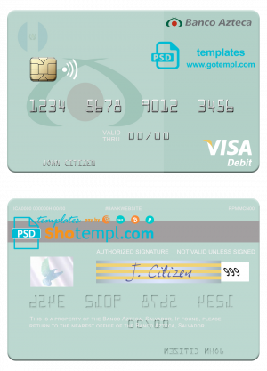 editable template, Salvador Banco Azteca visa debit credit card template in PSD format, fully editable