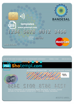 editable template, Salvador Bandesal Bank mastercard credit card template in PSD format