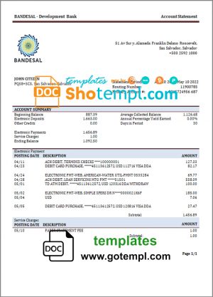 editable template, Salvador Bandesal bank statement template in Word and PDF format