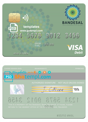 editable template, Salvador Bandesal Bank visa debit credit card template in PSD format, fully editable