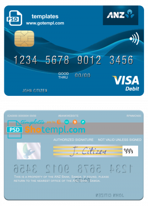 editable template, Samoa ANZ Bank visa debit card template in PSD format, fully editable