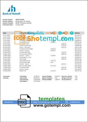 editable template, Samoa Bank of Hawaii bank proof of address statement template in Word and PDF format