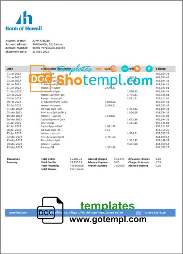 editable template, Samoa Bank of Hawaii bank proof of address statement template in Word and PDF format