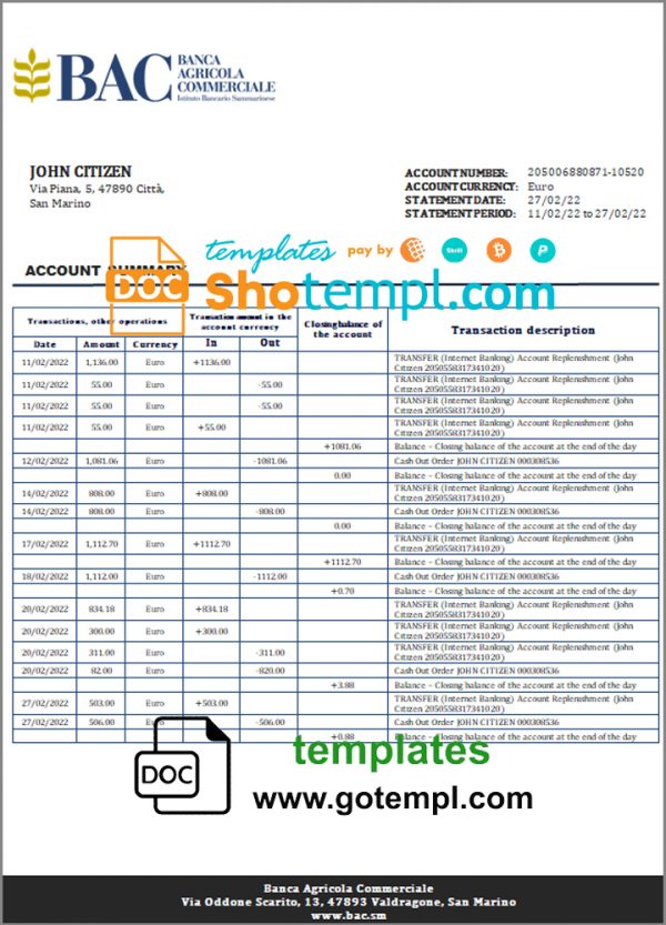 editable template, San Marino Banca Agricole Commerciale bank statement template in Word and PDF format
