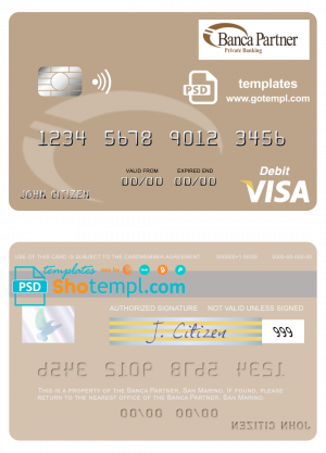 editable template, San Marino Banca Partner visa debit card template in PSD format