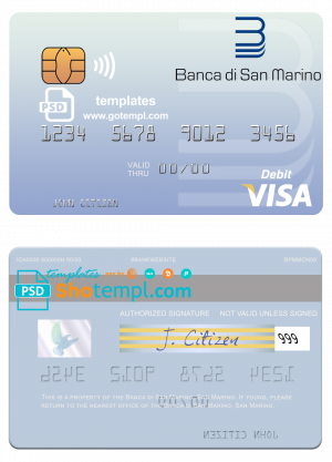 editable template, San Marino Banca di San Marino visa debit card template in PSD format