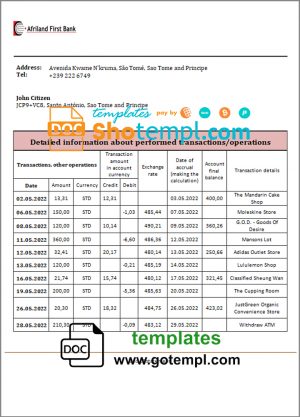 editable template, Sao Tome and Principe Afriland First Bank bank statement template in Word and PDF format