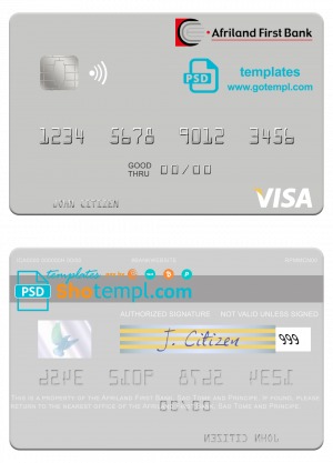editable template, Sao Tome and Principe Afriland First Bank visa debit card template in PSD format