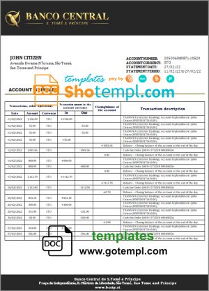 editable template, Sao Tome and Principe Banco Central de S.Tome e Principe bank statement template in Word and PDF format