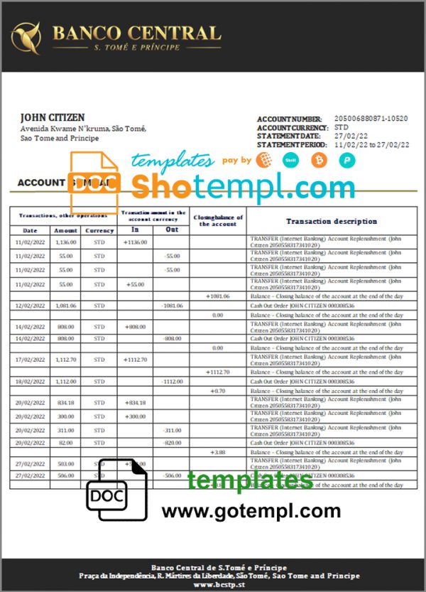 editable template, Sao Tome and Principe Banco Central de S.Tome e Principe bank statement template in Word and PDF format
