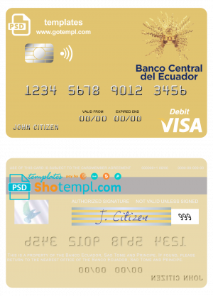editable template, Sao Tome and Principe Banco Ecuador visa debit card template in PSD format