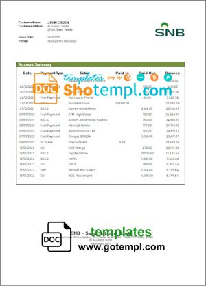 editable template, Saudi Arabia SNB bank statement template in Word and PDF format